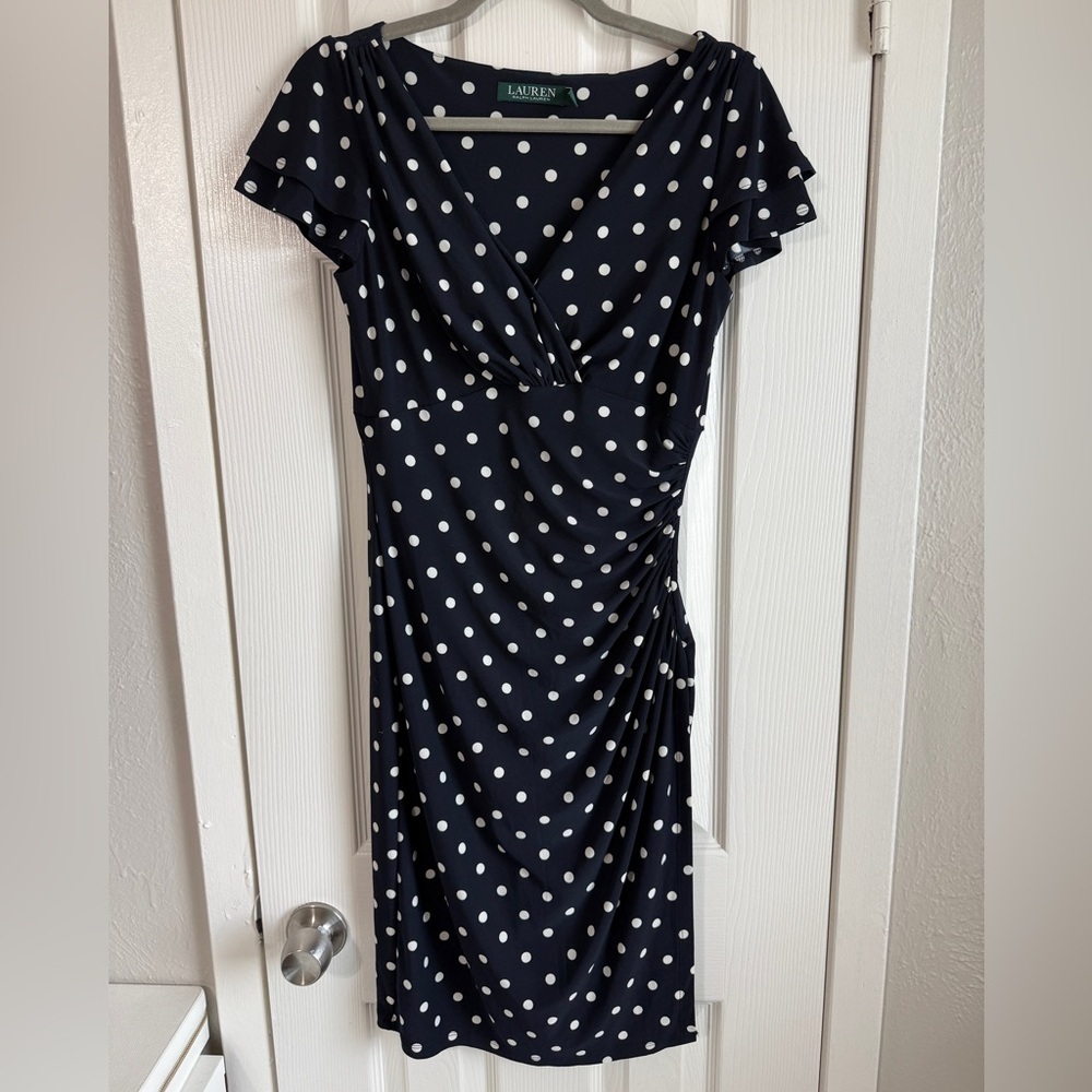 RALPH LAUREN Faux-Wrap Polka Dot Jersey Dress Navy Blue White Midi Ruched Sz 4